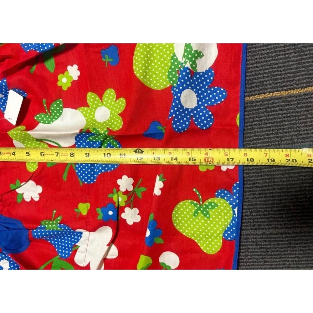 Vintage Red Fruit Floral Print Waist Apron Blue Trim Retro Kitchen Half Apron